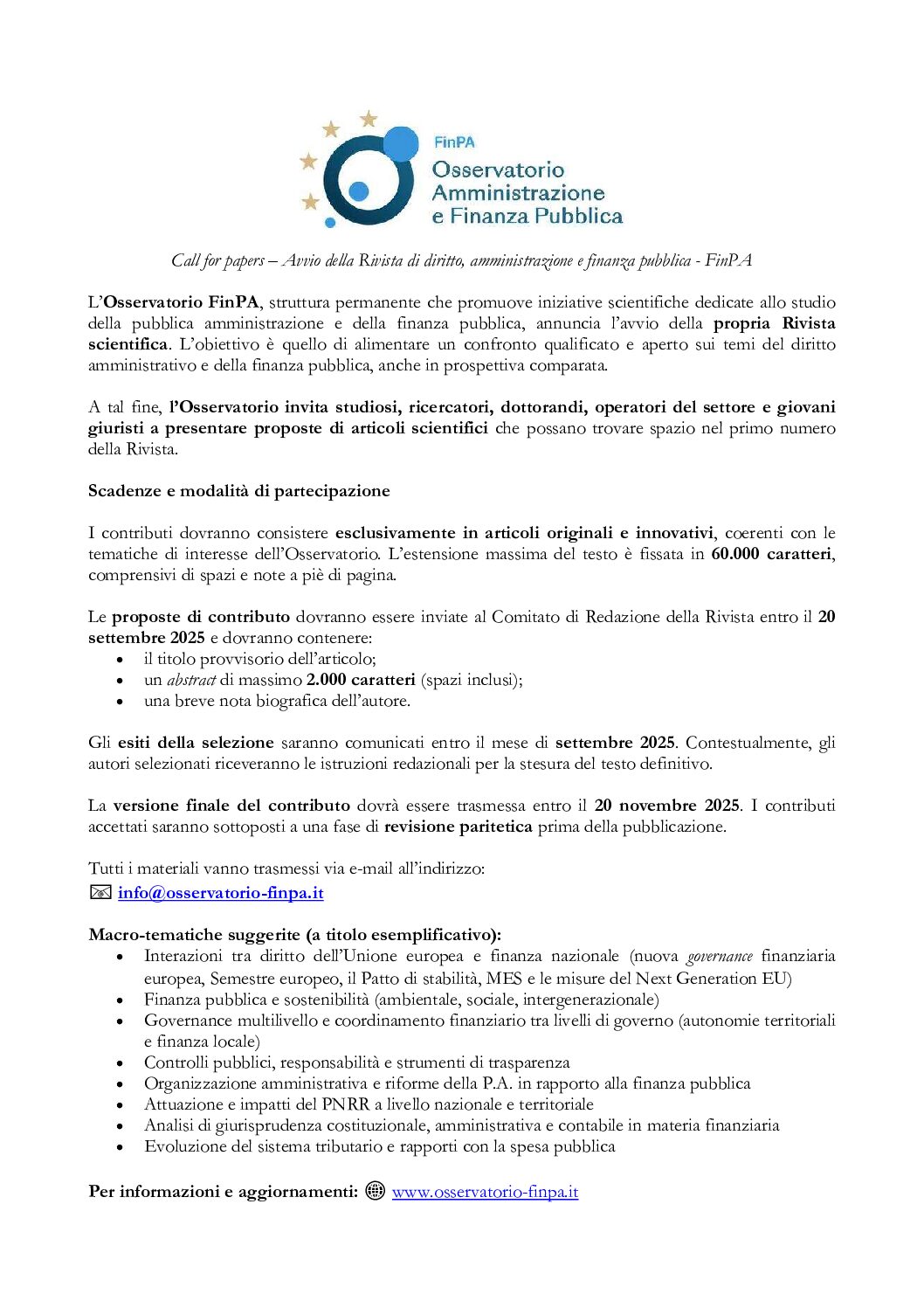 Call for papers – Avvio della Rivista di diritto, amministrazione e finanza pubblica – FinPA